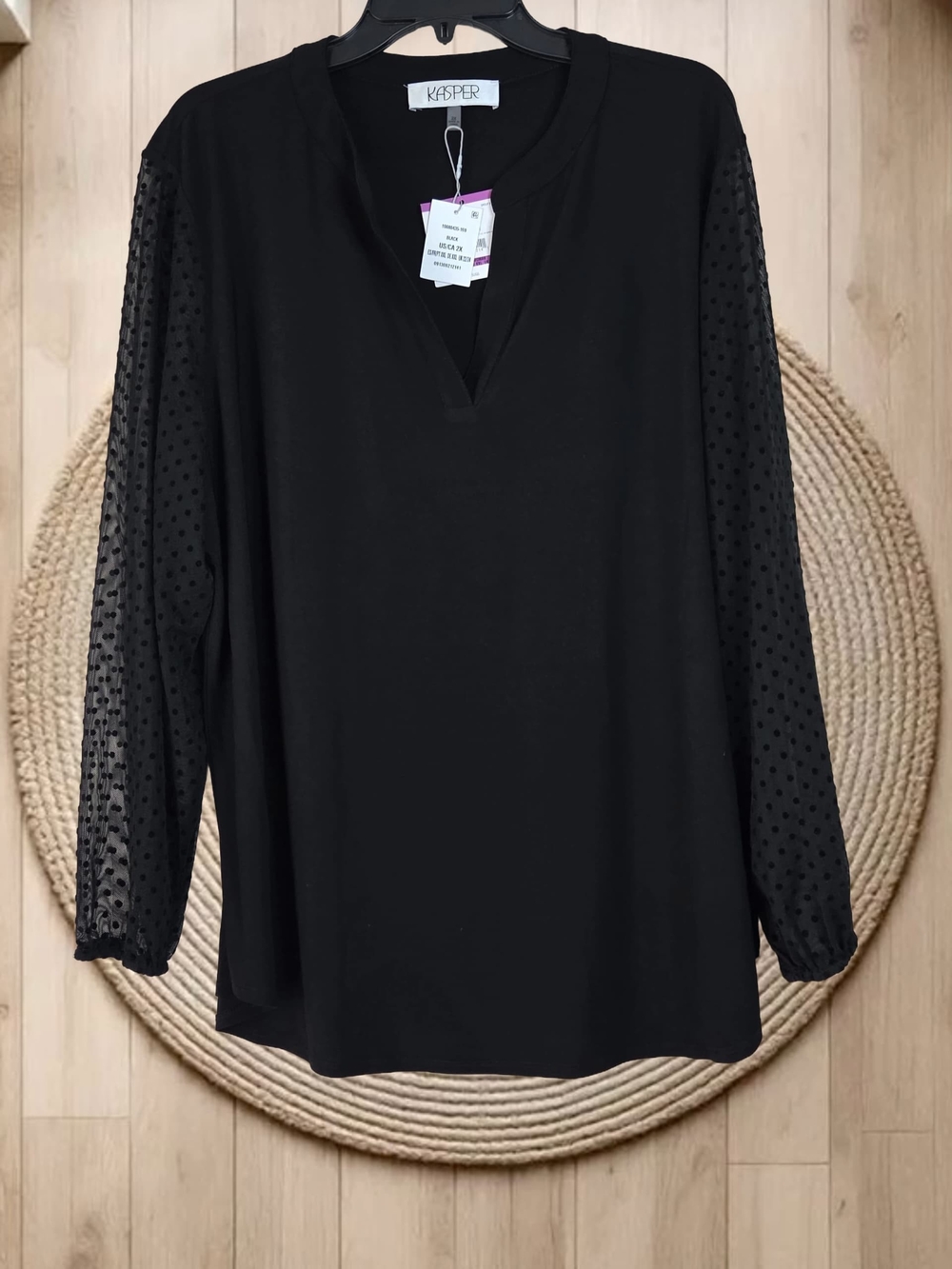 Kasper Black V-Neck Blouse with Sheer Dot Sleeves